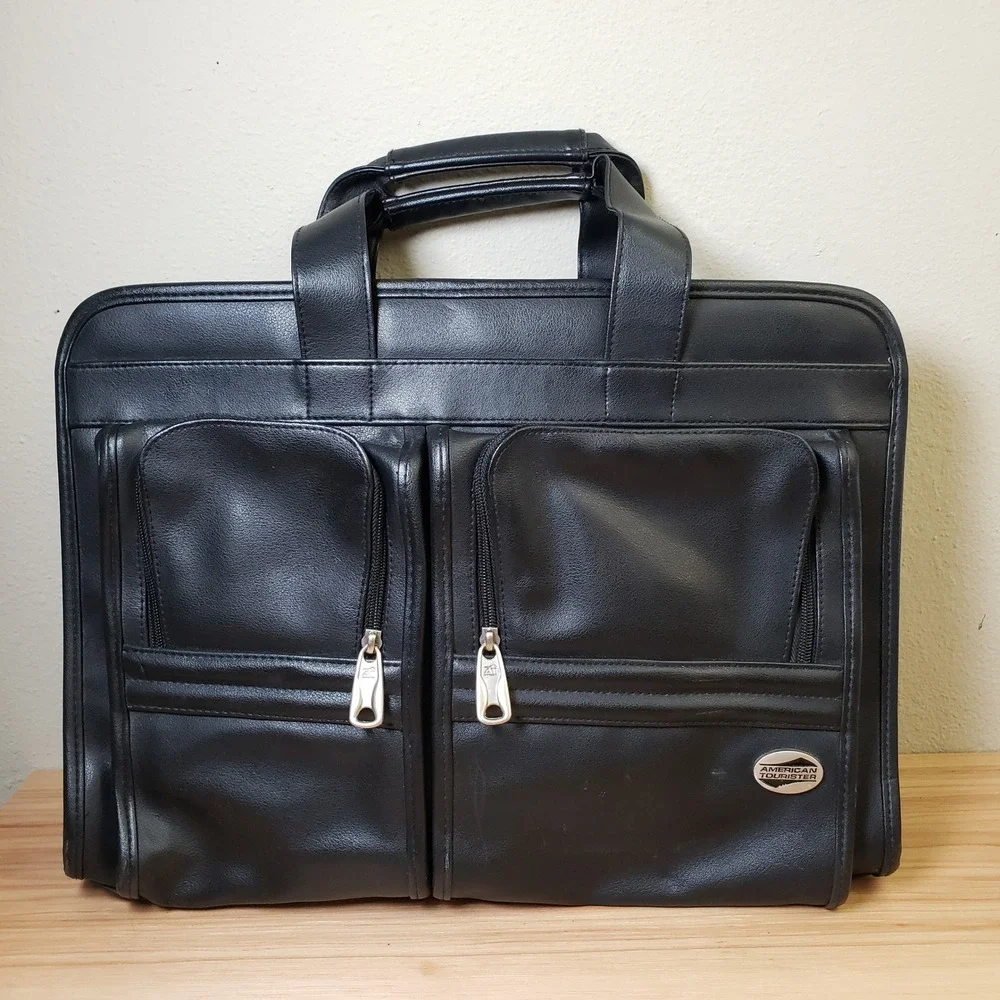 American Tourister Leather Briefcase Black Office Commuter Bag Travel Buisness